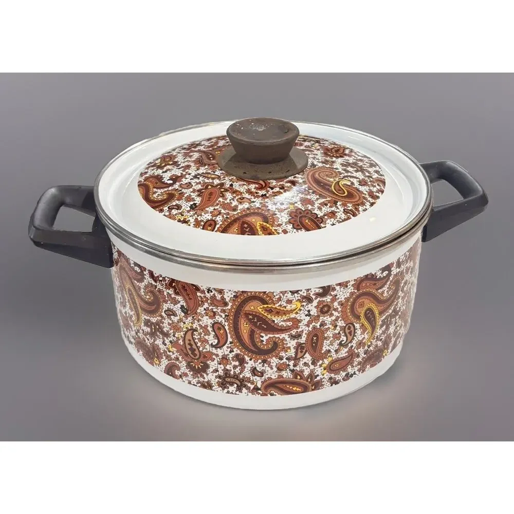 2 VTG 1970’s Porcelain Enamelware Paisley Sauce Soup Pan Set Cook Cooking w/ Lid